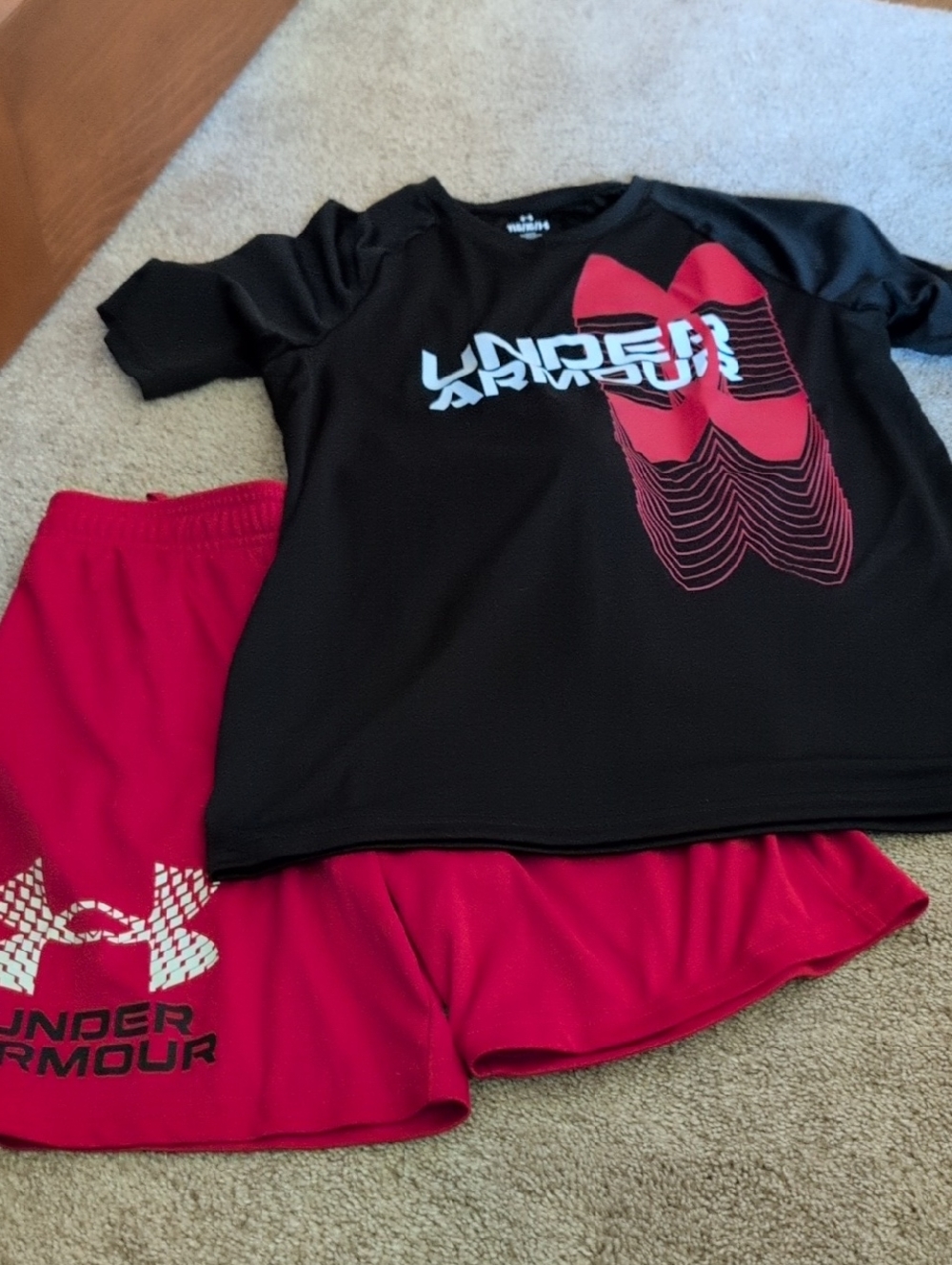 Under Armour Black and Red Athletic Tee with Red Shorts